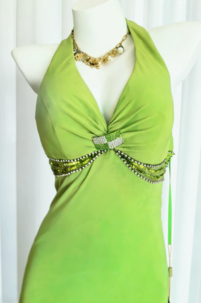 Sexy Halter Green V Neck Satin Beaded Mermaid Long Prom Dress Party Dress SP1635