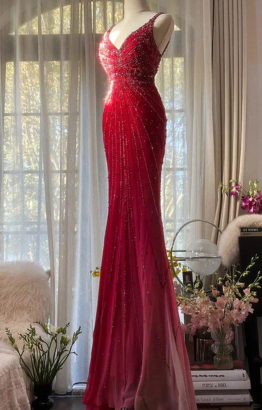 Gorgeous Spaghetti Straps Red Chiffon Beaded Mermaid Long party Dress Evening Gown