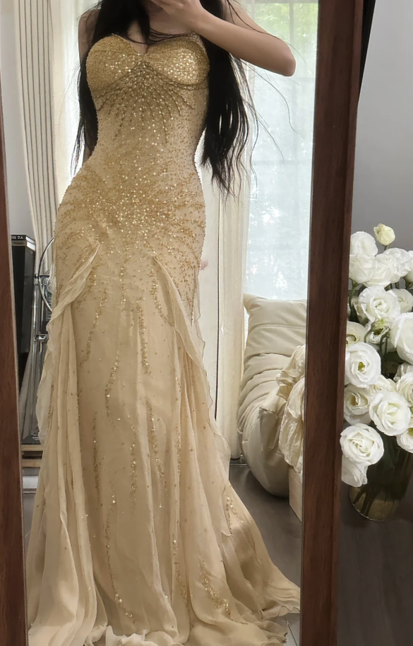 Pretty Spaghetti Straps Chiffon Beaded Ruffles Long Party Dress Yellow Mermaid Evening Dress D2308