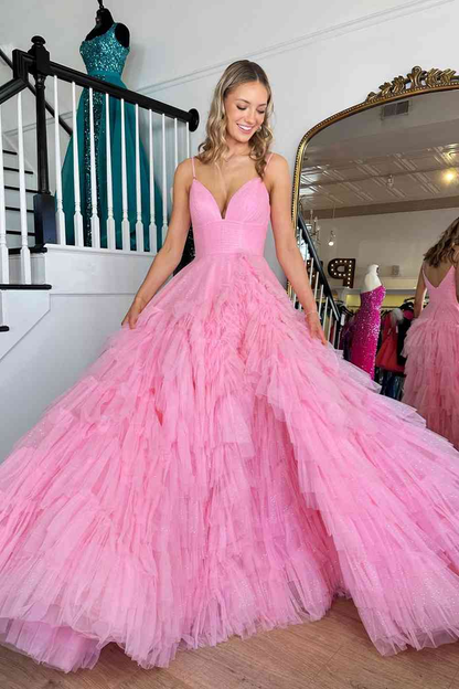 Princess Pink Strappy Frill-Layered A-Line Long Prom Dress Y1873
