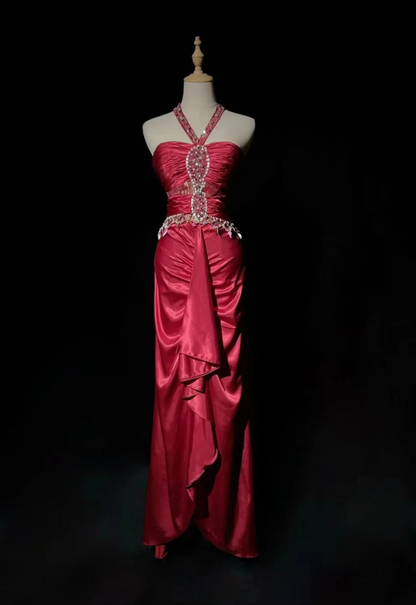 Pretty Halter Satin Pleated Beaded Cerise Pink Long Evening Dress Formal Wedding Guest Dress D1935