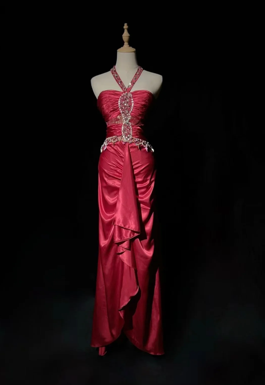Pretty Halter Satin Pleated Beaded Cerise Pink Long Evening Dress Formal Wedding Guest Dress D1935