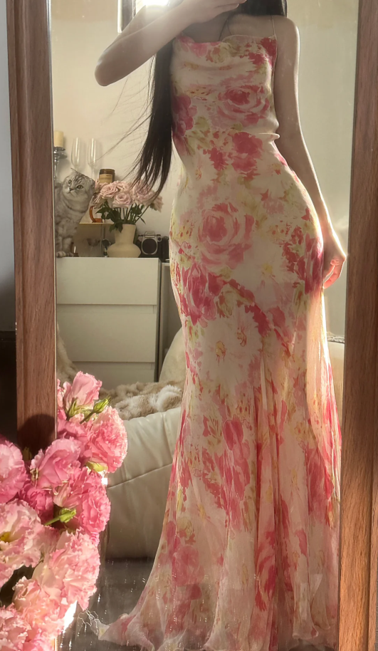Fairy Spaghetti Straps Pink Chiffon Rose Floral Mermaid Long Party Dress 18th Birthday Outfits D2301