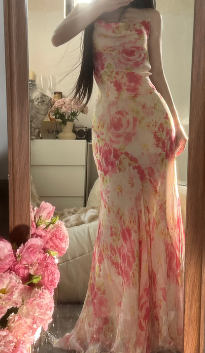 Fairy Spaghetti Straps Pink Chiffon Rose Floral Mermaid Long Party Dress 18th Birthday Outfits D2301