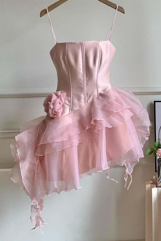 Charming Pink Spaghetti Straps Tulle Satin A-Line Mini Homecoming Dress Short Party Dress S663