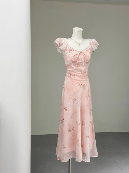 French V-Neck Pink Small Flying Sleeve Floral Dress S216
