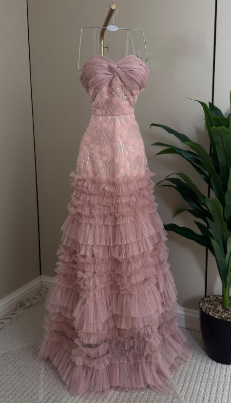 Elegant Sweetheart Neck Pink Sequin Tulle Lace Pleated Mermaid Long Party Dress Evening Gown