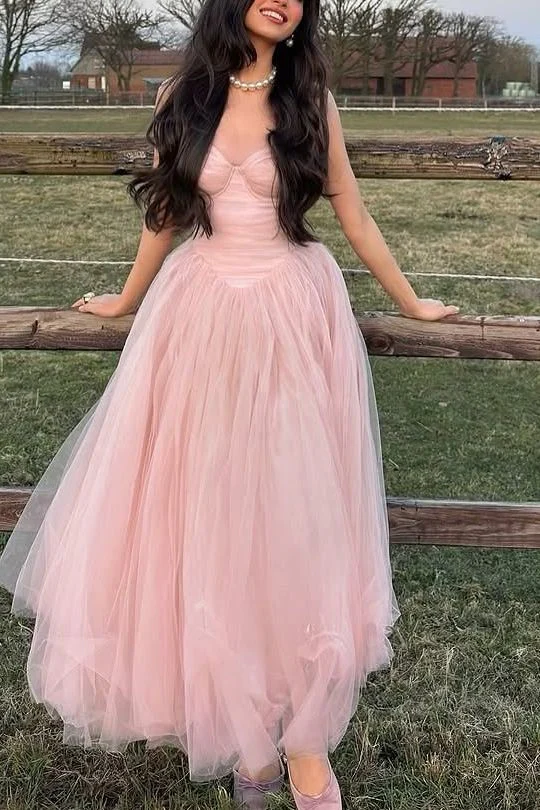 Elegant Pink Spaghetti Straps Tulle A Line Long Party Dress Wedding Guest Dress D1432
