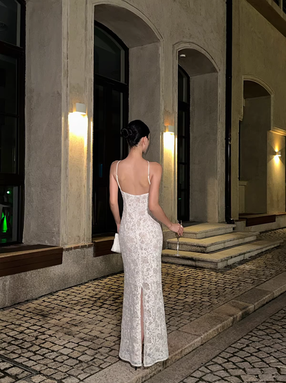 Glamorous Beige Sleeveless Lace Mermaid Slit Long Evening Dress Formal Birthday Party Gown