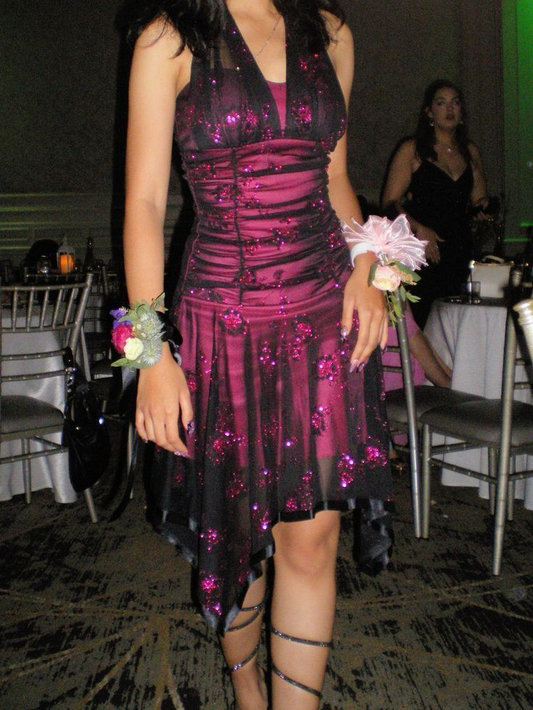Vintage Halter Hot Pink Satin Sequin Short Graduation Homecoming Dress 19th Birthday Outfits SP134
