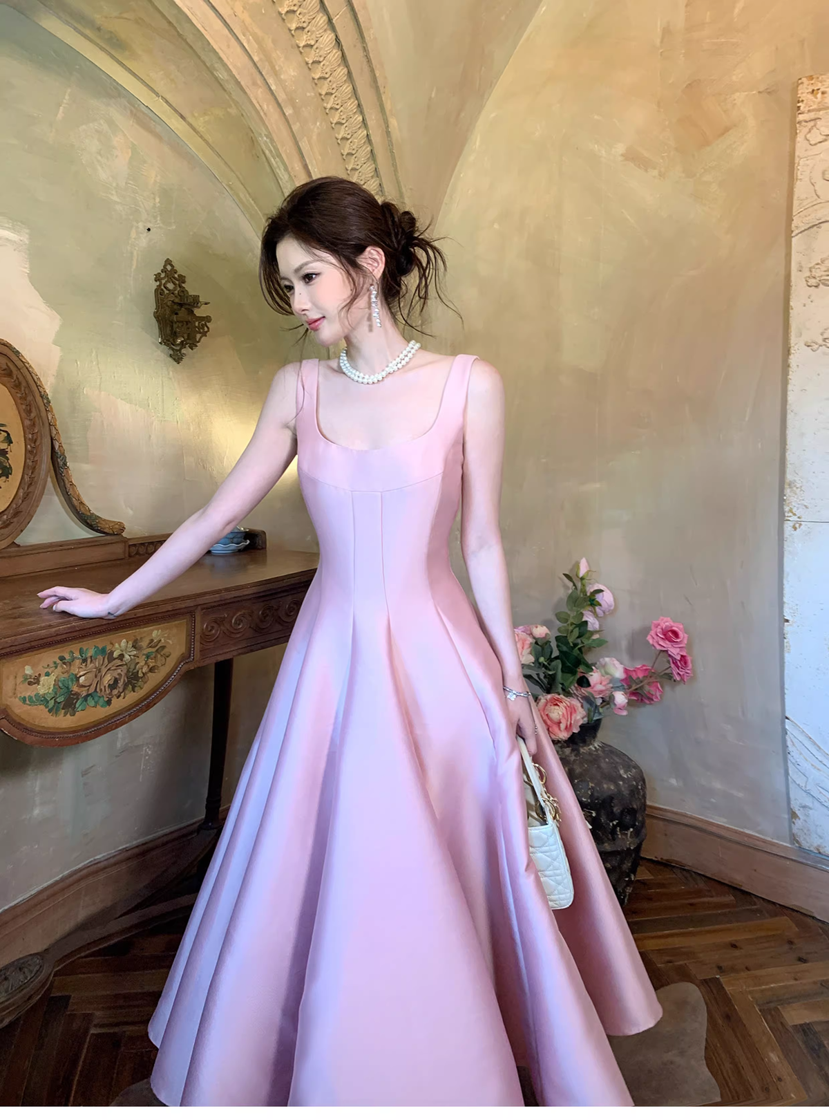 Elegant Pink Sleeveless Satin A Line Long Birthday Evening Dress Formal Wedding Guest Dress SP1652