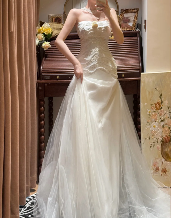 Classy Strapless White Satin Beaded Tulle Mermaid Long Evening Dress Formal Birthday Party Gowns