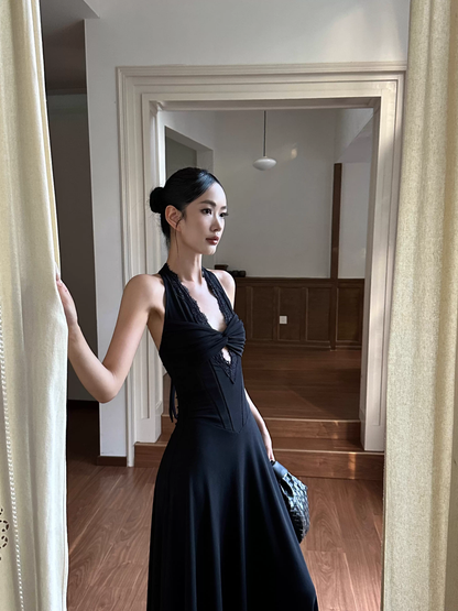Sexy Black Halter Satin A Line Long Birthday Party Dress Evening Dress Formal Wedding Guest Dress D2079
