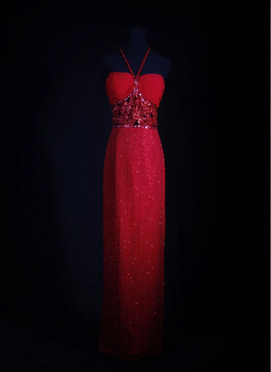 Pretty Red Halter Chiffon Beaded Sheath Long Prom Dress Birthday Evening Dress D2256