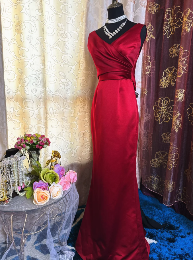 Classy Burgundy V Neck Satin Pleated Mermaid Party Dress Backless Long Birthday Prom Dress SP1949