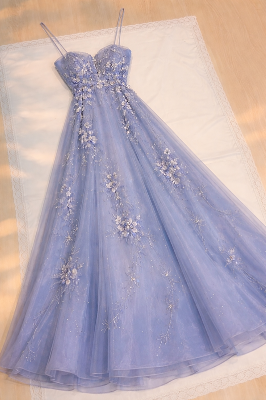 Gorgeous Blue Prom Dress Spaghetti Straps A-Line Formal Dress Tulle Beaded Long Evening Dress Sleeveless Birthday Outfit DW05418