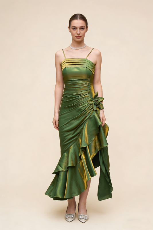 Grass Green Vintage Floral Dress Asymmetrical Hem Prom Dress MD7539