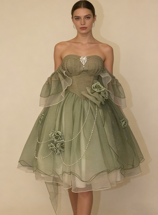 Green Off Shoulder A-Line Floral Short Party Dress Cute Mini Birthday Dress, D792