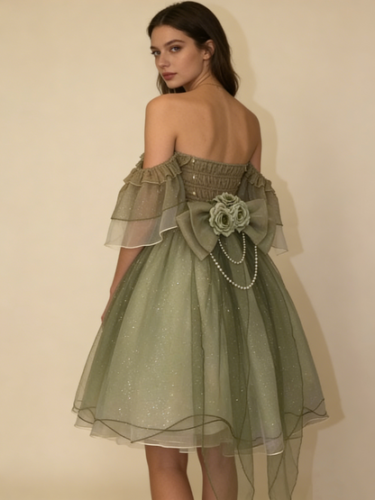 Green Off Shoulder A-Line Floral Short Party Dress Cute Mini Birthday Dress, D792