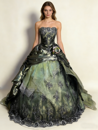 Green Strapless A-Line Satin Lace Long Evening Dress Birthday Ball Gown, D833