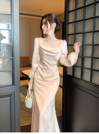 Sweet Lace Neck Pink Satin Mermaid Long Wedding Dress Formal Evening Dress Birthday Dress SP1541