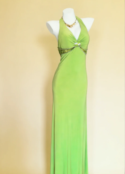Sexy Halter Green V Neck Satin Beaded Mermaid Long Prom Dress Party Dress SP1635