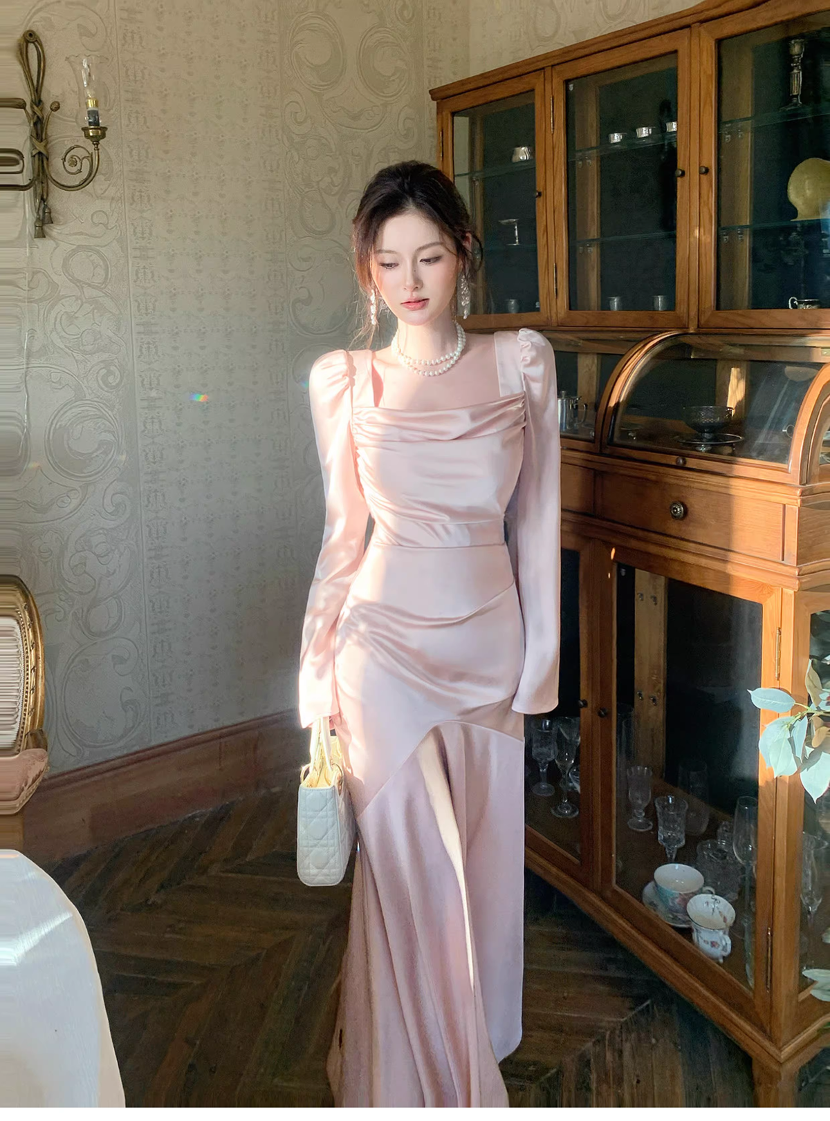 Sweet Pink Satin Mermaid Long Wedding Guest Dress Formal Evening Dress Prom Gown SP1649
