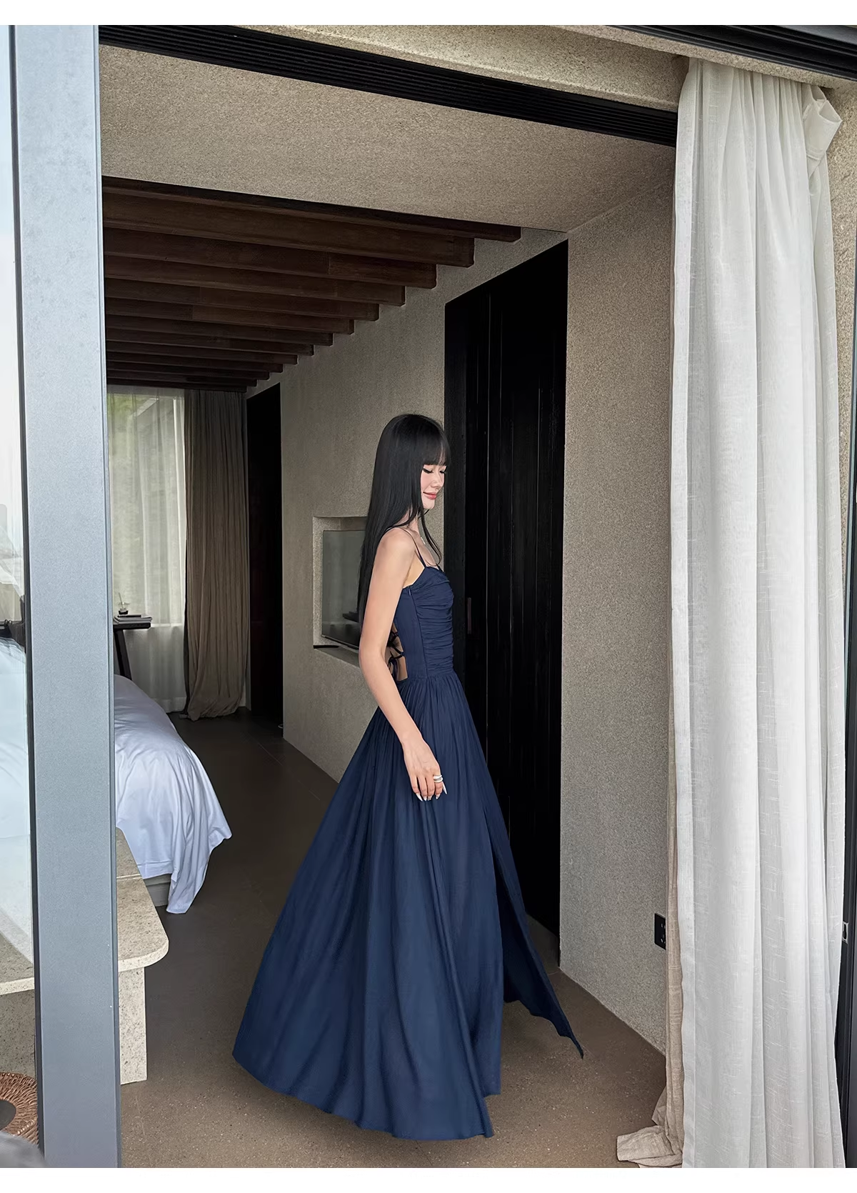 Elegant Spaghetti Straps Satin A Line Slit Evening Dress Navy Blue Long Birthday Party Dress With Pockets D2084