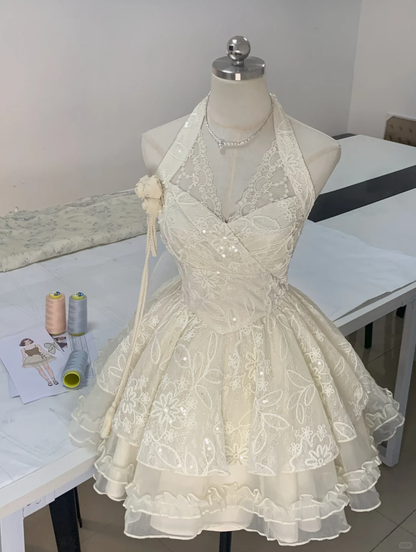 Beautiful Halter Off White Lace A Line Short Birthday Outfits Formal Homecoming Dress D108