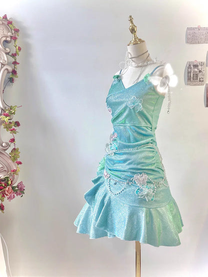 Fashion Mint Green Sparkling Sequin Spaghetti Strap Ruffled Hem Short 16th Birthday Party Dress Homecoming Dress D1529