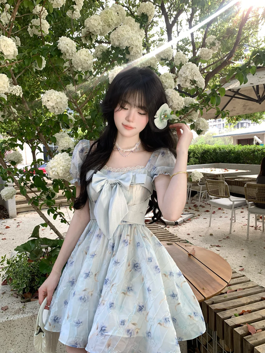 Cute Blue Chiffon Printed Floral A Line Short Prom Dress Formal Graduation Homecoming Dress D107