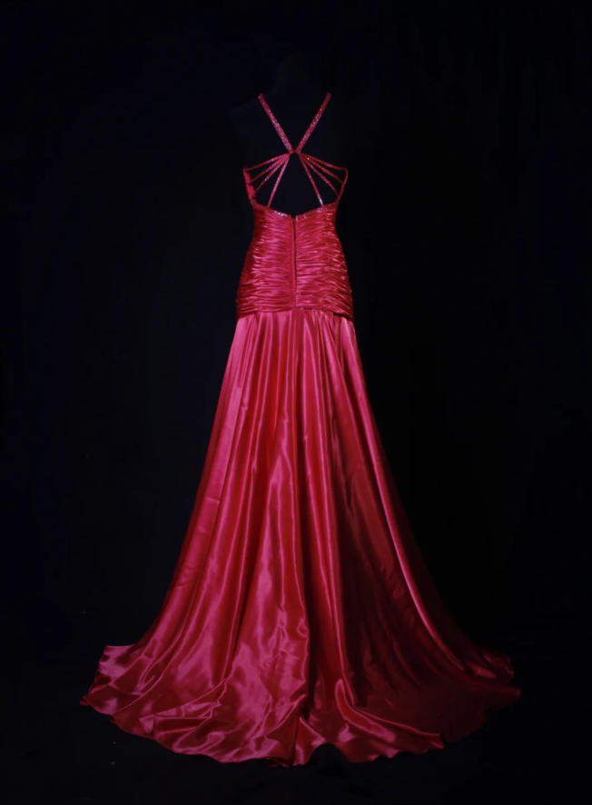 Fashion V Neck Satin Pleated Beaded Mermaid Long Evening Dress Formal Wedding Guest Dress D2214