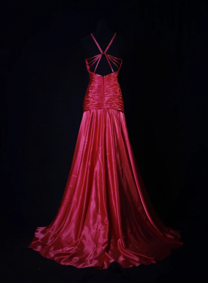 Fashion V Neck Satin Pleated Beaded Mermaid Long Evening Dress Formal Wedding Guest Dress D2214