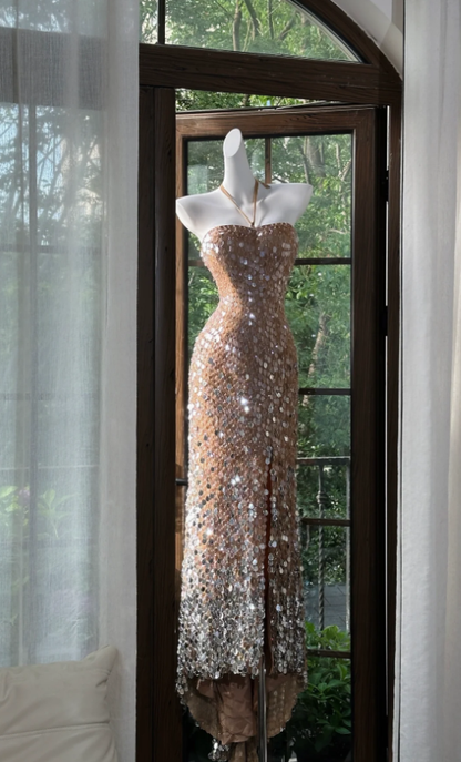 Gorgeous Halter Champagne Sequin Slit Mermaid Party Dress Long Evening Gown
