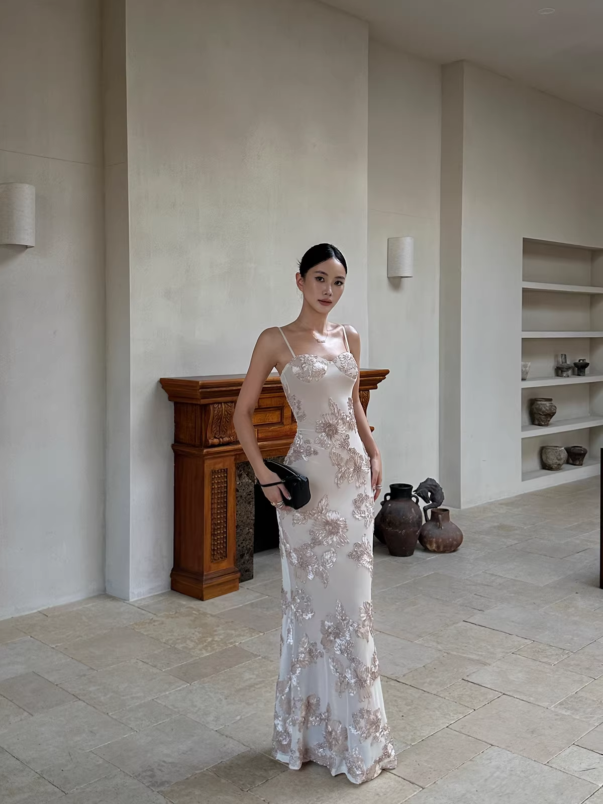 Unique Champagne Satin Floral Mermaid Evening Dress Spaghetti Straps Long Party Gown