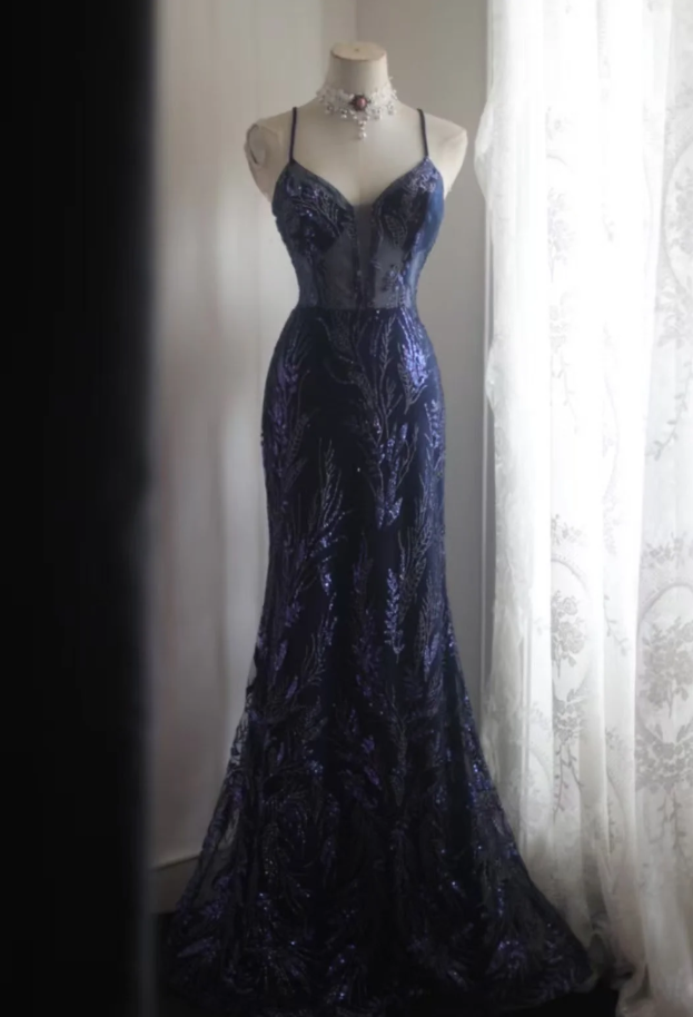 Luxurious Spaghetti Straps Tulle Sequin Mermaid Long Party Dress Navy Blue Evening Dress D2208