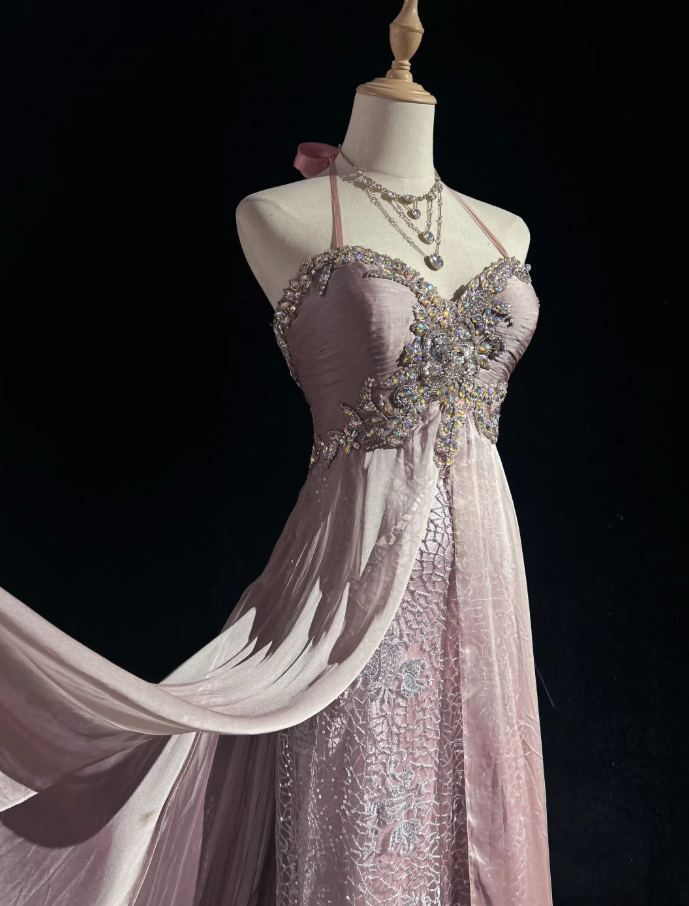 Glamorous Pink Halter Satin Lace Beaded Mermaid Evening Dress Long Birthday Prom Dress Party Gown
