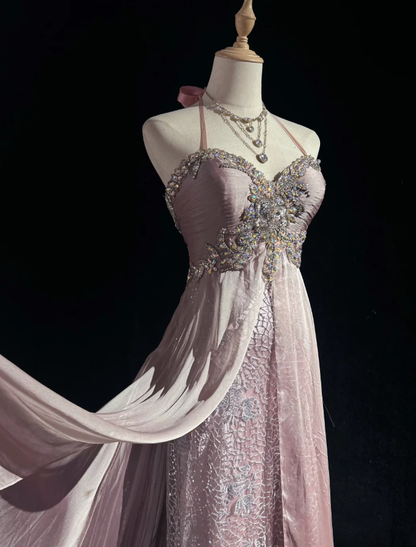 Glamorous Pink Halter Satin Lace Beaded Mermaid Evening Dress Long Birthday Prom Dress Party Gown