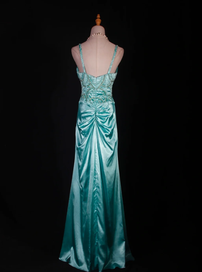Classy V Neck Green Satin Beaded Mermaid Evening Dress Long Birthday Party Dress D2287