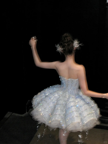 Glitter Blue Strapless Tulle Sequin Beaded A Line Short Homecoming Dress 18th Princess Birthday Outfits D051