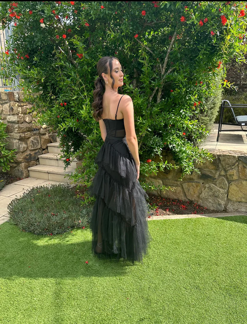 Elegant A-line Layered Tulle Black Prom Dress,Sheer Corset Long Evening Dress,Graduation Dress Y1765