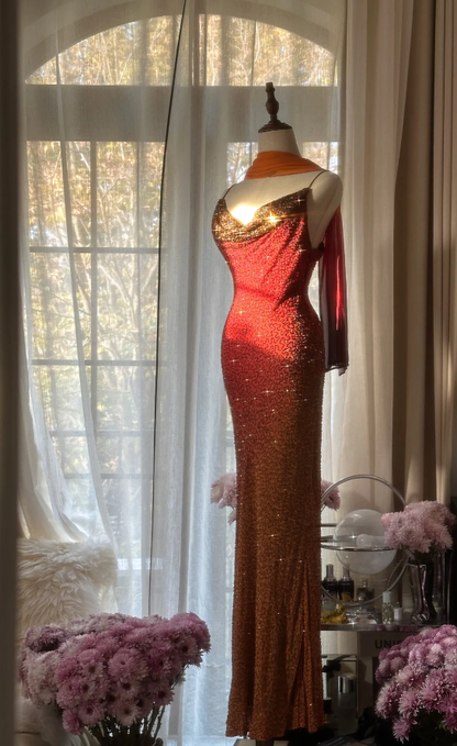 Elegant Spaghetti Straps Burgundy Chiffon Beaded Mermaid Long Party Dress Evening Gown