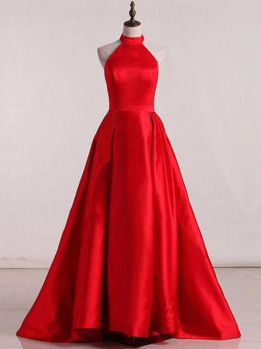 Sleeveless Halter Open Back Prom Dresses,A Line Satin Evening Dresses Y941