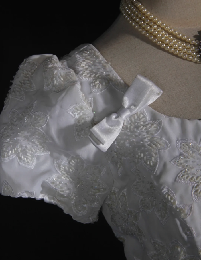 Pretty White Satin Beaded Floral Lace Ball Gown Formal Long Wedding Dress