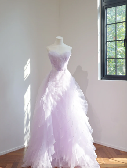Classy Strapless Lilac Beaded Tulle Ruffles Long Birthday Prom Dress Formal Party Dress D2162