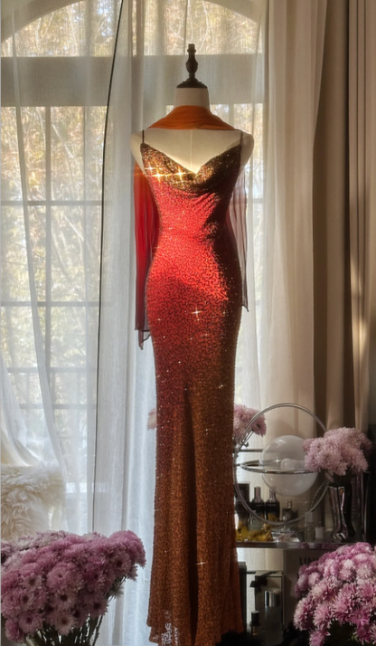 Elegant Spaghetti Straps Burgundy Chiffon Beaded Mermaid Long Party Dress Evening Gown