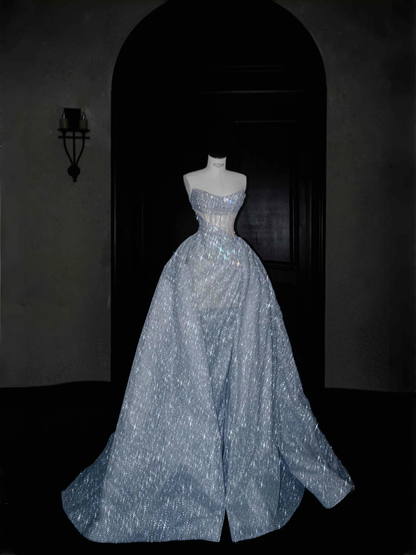 Glitter Strapless Blue Tulle Sequins A Line Prom Dress Evening Dress,Formal Wedding Dress Y8676