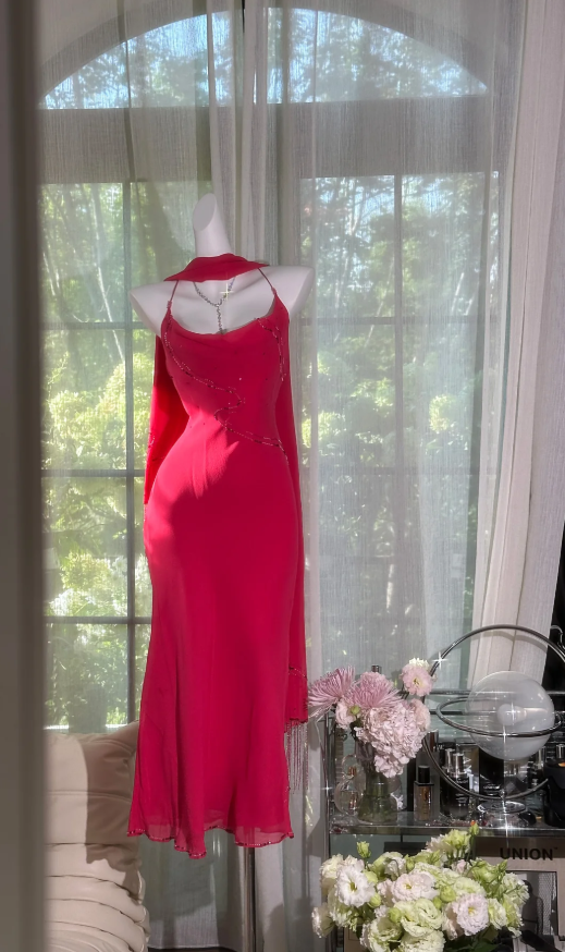 Classy Red Halter Chiffon Beaded Mermaid Long Evening Dress Birthday Party Dress D2091