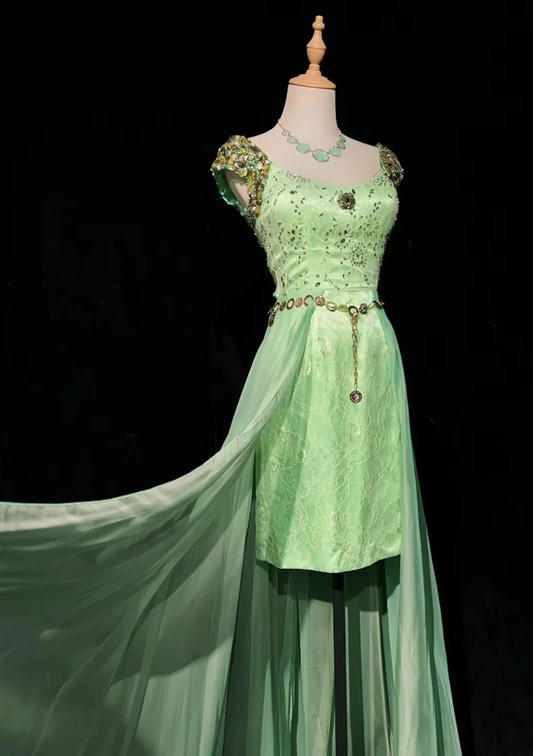 Charming Mint Green Sleeveless Lace Chiffon Beaded Long Birthday Prom Dress Evening Gown SP1441
