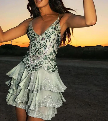 Vintage Spaghetti Straps Mint Green Chiffon Sequin Beaded Homecoming Dress A Line Cocktail Dress Y9312